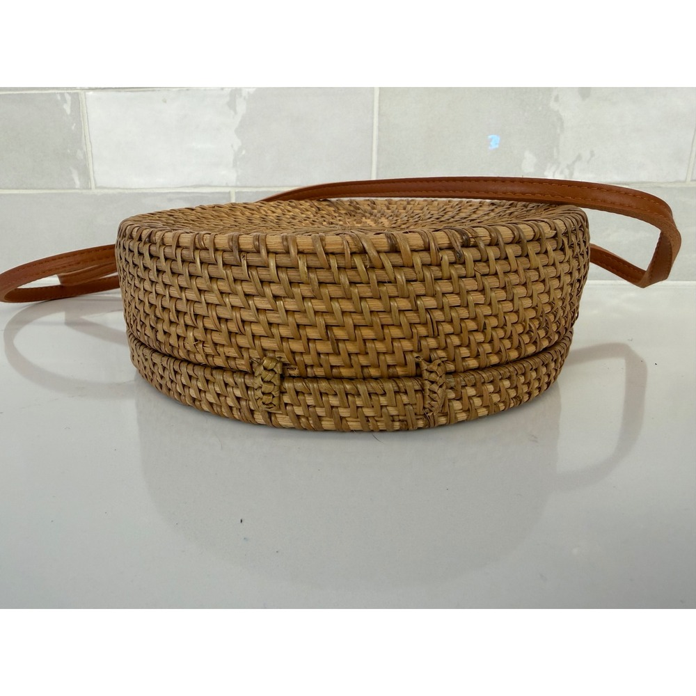 Crossbody Bag Round Rattan 8" Brown Boho Woven Batik Canteen Purse - Picture 7 of 10